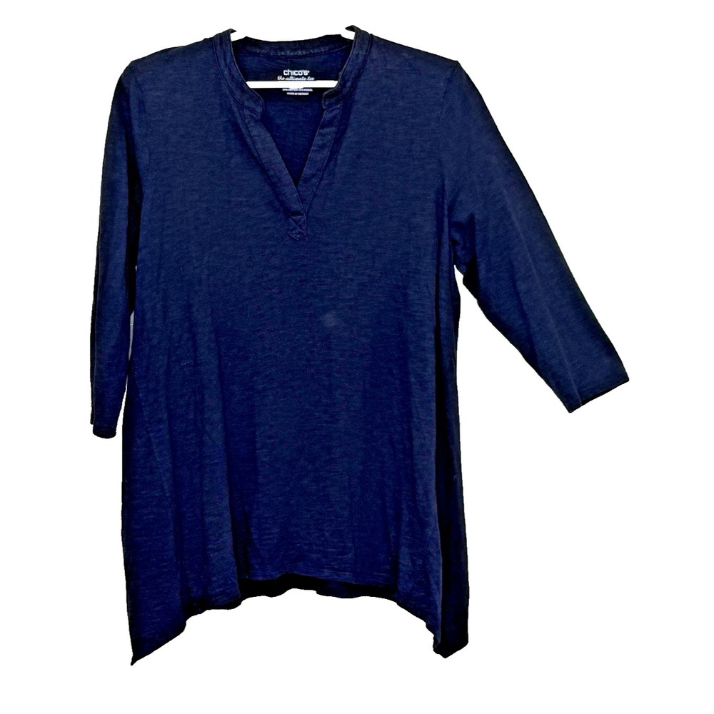 Chico's The Ultimate Tee Tunic Top Sz 2 Dark Blue 3/4 Sleeve V-Neck Asymmetrical